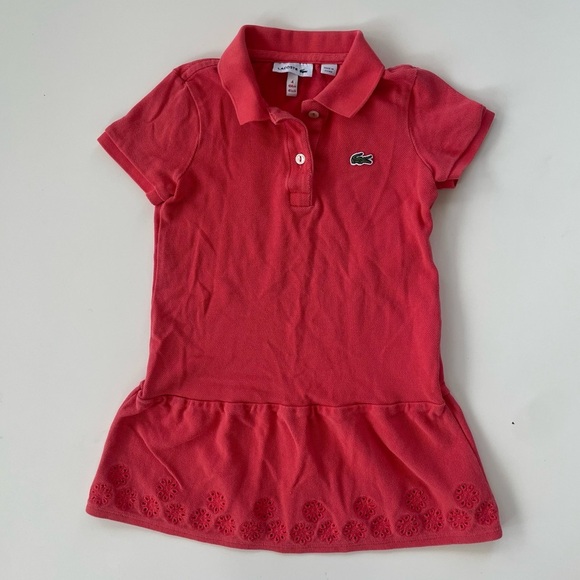 Lacoste Little Girls Coral Peach Pique Polo Dress Embroidered Eyelet Size 3T/4T - Picture 1 of 5